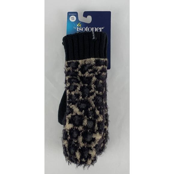 Isotoner SmartDRI Water Resistant Sherpa Lined Leopard Mittens. Women's One Size - Picture 1 of 4